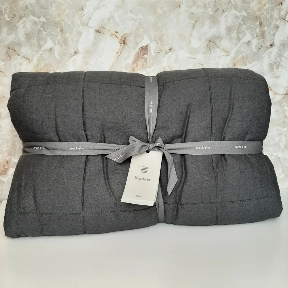 West Elm European Flax Linen Box Stitch Quilt Iron Blue